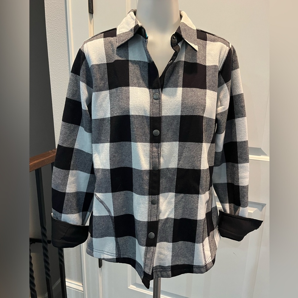 Women's Orvis flannel fleece lined button, small Black and White Checkered Top - Picture 3 of 10